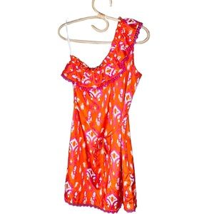 Mud Pie Ikat One Shoulder Pom Pom Ruffle Top Pink & Orange Mini Dress Medium